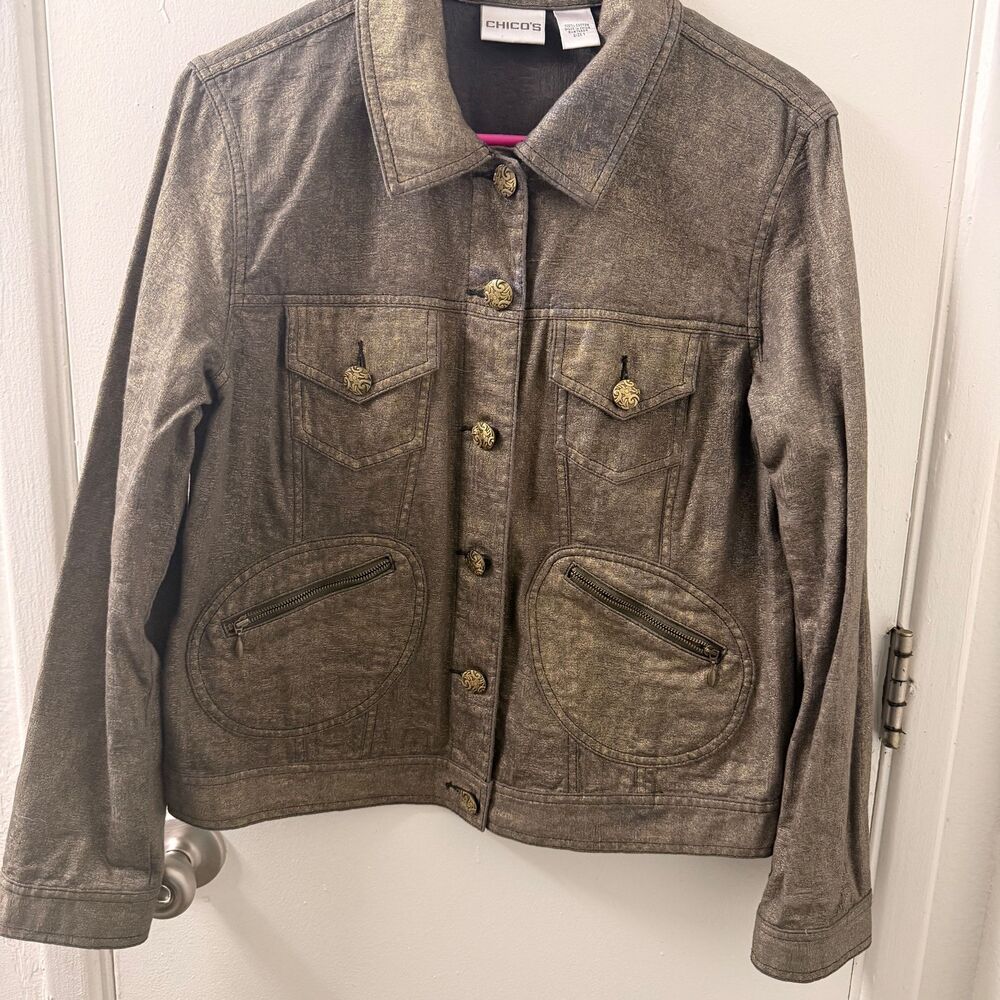 CHICO'S Women's Denim Jacket Size 1 Gold Metallic Textured Casual